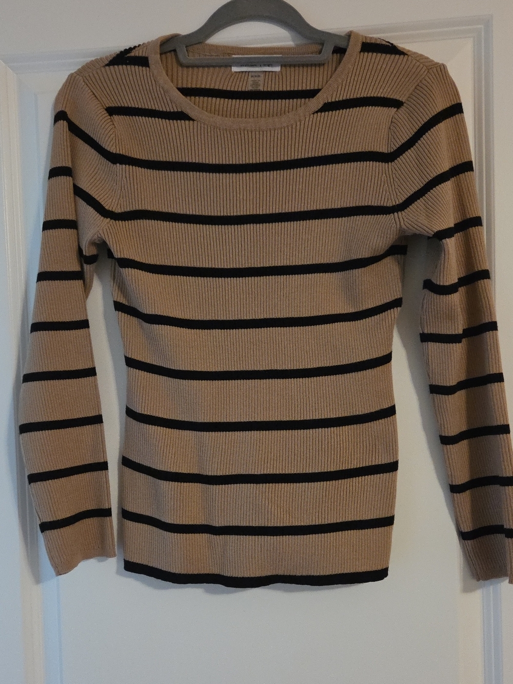 🔥NWOT - Melissa Paige Beige and Black Striped Rib-Knit Crewneck Sweater